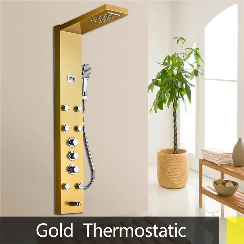 Thermostatic Shower Column FaucetLuxury Bathroom Bath Shower System SPA Massage Sprayer Temperature Screen Show - Цвет: gold