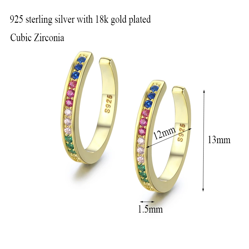 925 Sterling Silver Gold Color Rainbow CZ Circle Clip Earrings For Women Girls Jewelry Ear Cuff Jacket Cartilage Earless Hole | Украшения и
