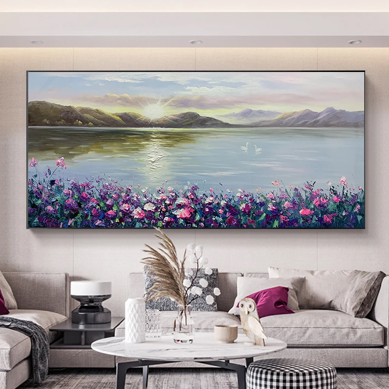 

Hand Painted Abstract Lake and Mountains Oil Painting on Canvas Wall Hanging Art Animal Bedroom Living Room Home Decor No Framed