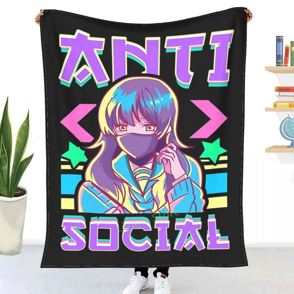 

Cute Anti Social Vaporwave Anime Girl Antisocial Throw Blanket printed sofa bedroom decorative blanket children adult Christmas