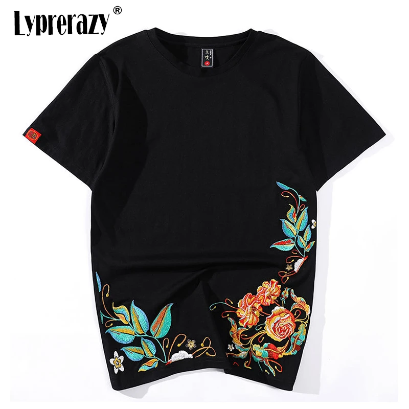 

Lyprerazy Men's Hip Hop Chinese Peony Embroidered Flower T-Shirt Streetwear Tops Tees Harajuku Embroidery Ethnic Clothes