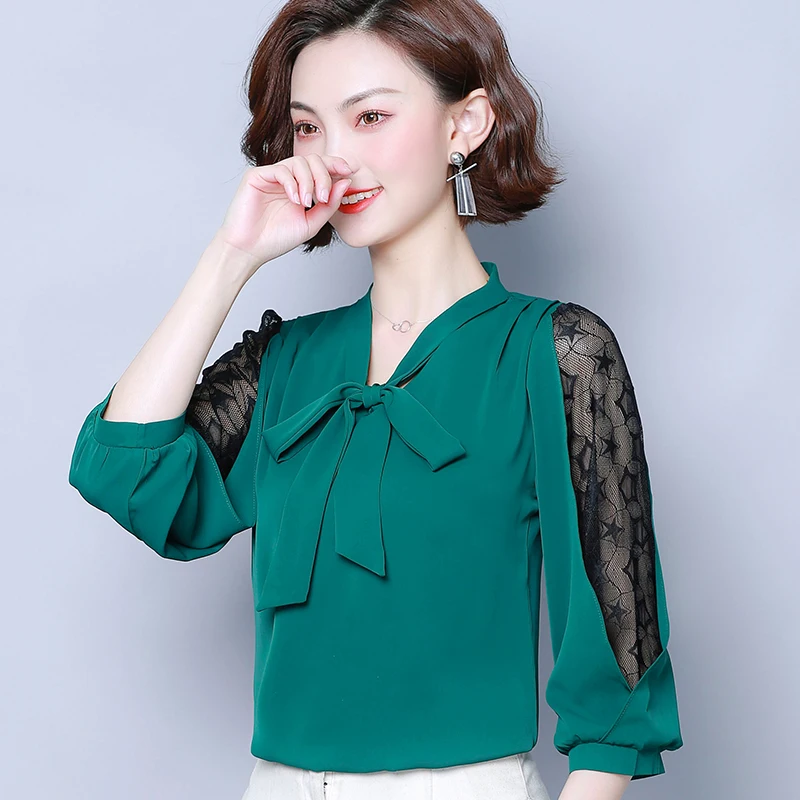 Бандажная шифоновая блузка с бантом Женский ажурный кружевной топ Женская