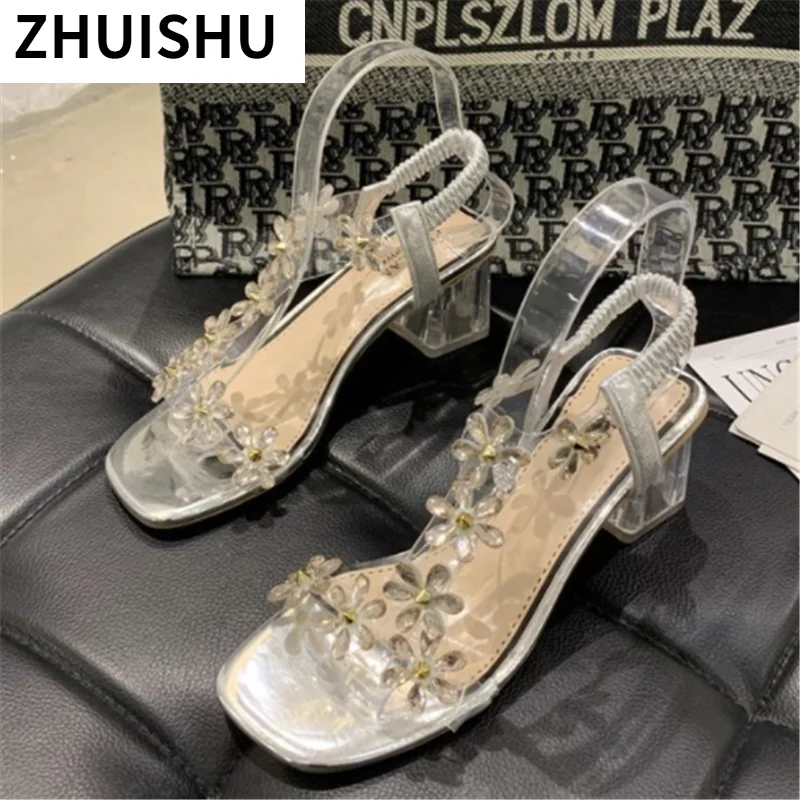 

2021 Summer New Clear Heel Sandals Fashion Elastic Band Outdoor Flowers Open Toe Women's Sandals Party Dress Light High Heels