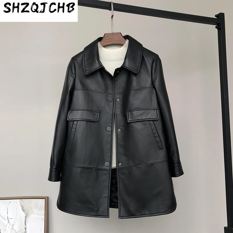 

SHZQ кожаная женская ветровка средней и длинной овечьей кожи, новинка 2021, весенний тренд с карманами