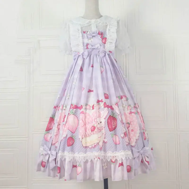 

Платье в стиле "Лолита", летнее платье без рукавов с рюшами, в японском стиле, с изображением кролика для пикника, винтажное платье в стиле «Л...