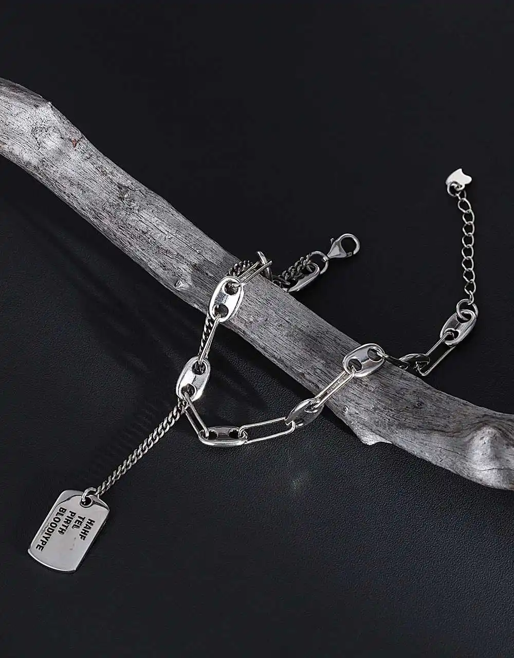 

925 Sterling Silver Korean Letters Pendant Bracelet Retro Thai Silver Thick Chain Round Letter Bracelet Female Jewelry