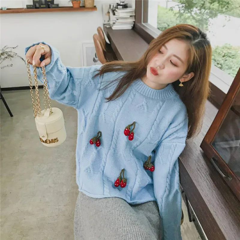 

2021 Winter Korean Style Cherry Sweater Women Sweet Pink Knitted Casual Pullover Sweater Women Long Sleeve O-neck Ladies Jumpers