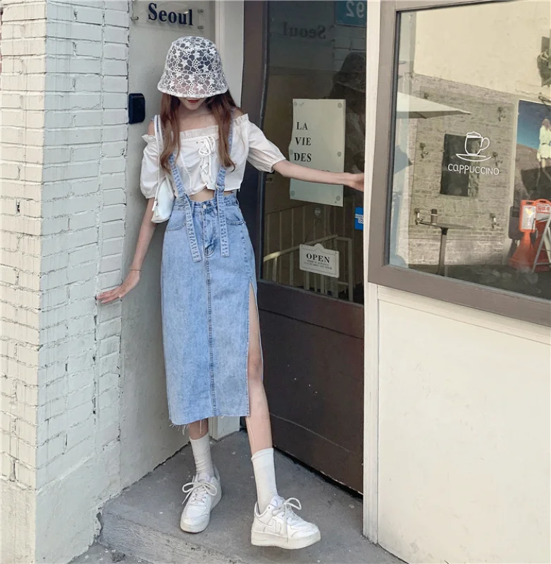 

Real Shot Real Price ~ Suspender Split Denim Skirt for Women