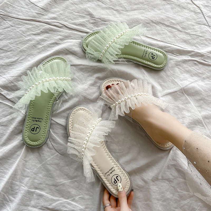 

Beach Shoes Woman's Slippers String Bead Luxury Slides Sabot 2021 Designer Flat Basic Cotton Fabric PU Fashion Rubber Slippers C