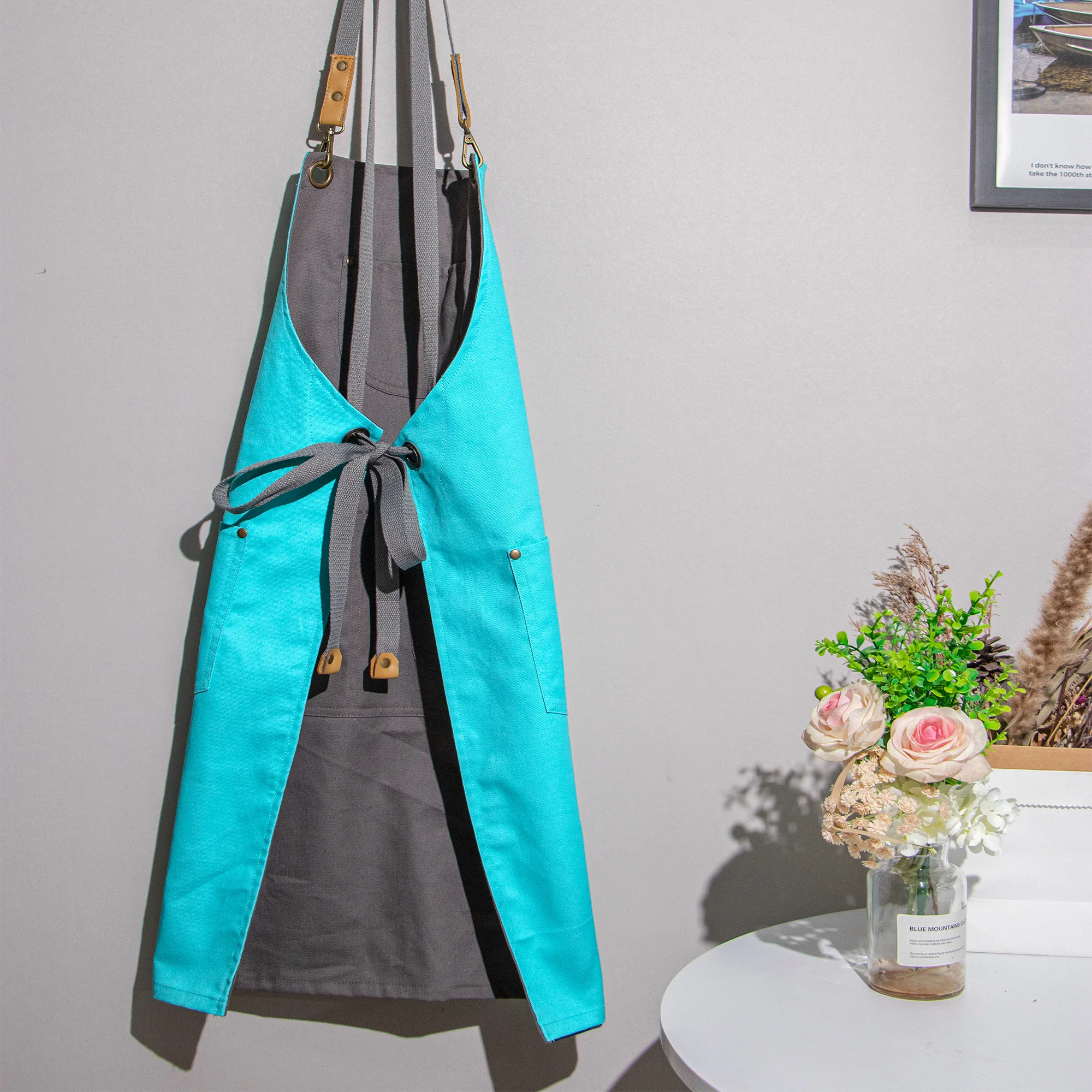 Рабочий Фартук унисекс хлопковый саржевый серый и зеленый нагрудник Кухонные