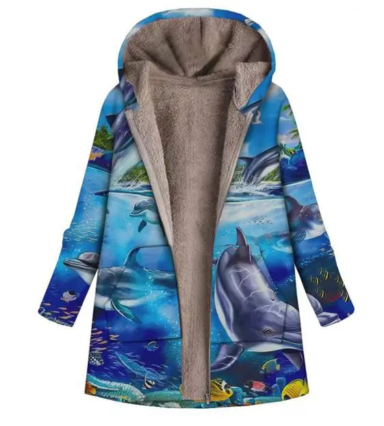 

2022 New Hooded Pajamas for Adults Animal Dolphin Printed Plus Fleece Cotton Homewear Robes Daily Casual Thick Coat Tops Jackets