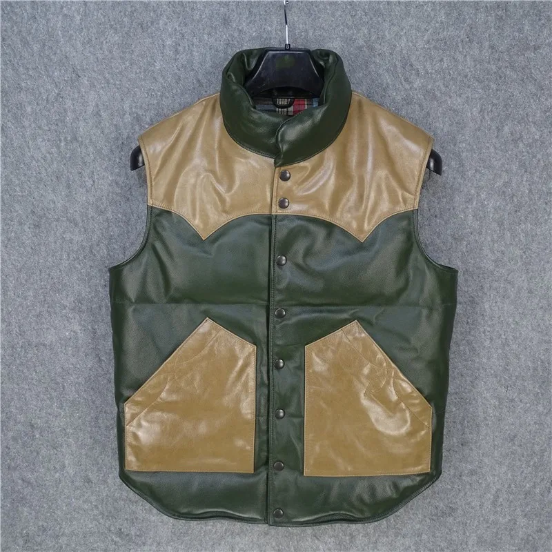 

Mixed Mens Vest Colors Warm Stand Collar Sleeveless Down Jacket Winter Vests Slim Vintage Horsehide Genuine Leather Waistcoat