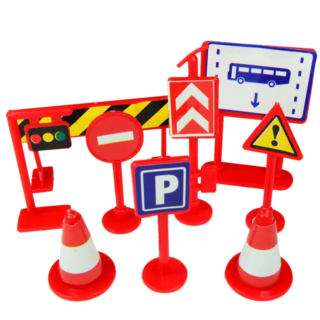 

9pcs DIY Model Scene Car Toys Road Sign Roadblocks Traffic Sign Toy Accessories Signpost Learning Traffic Knowledge Gift For Kid