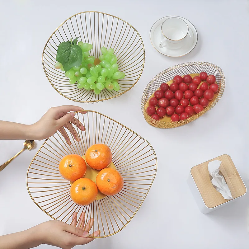 

Living room home European metal square fruit tray wrought iron hollow irregular fruit basket golden storage tray
