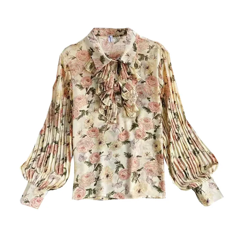 

Spring Autumn Temperament Fashion New Style Ruffled Bow Tie Lantern Sleeves Top Women Loose Lapel Floral Chiffon Shirt C131