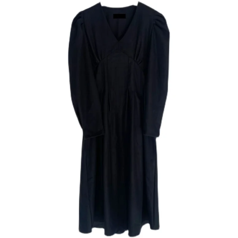 

SuperAen 2021 Solid V-neck Puff Sleeve Slim Mid-Calf Dress for Women