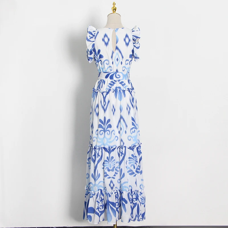 

VGH Print Patchwork Ruffle Dress For Women O Neck Sleeveless High Waist Hit Color Maxi Dresses Female Fashion New Clothes Autumn
