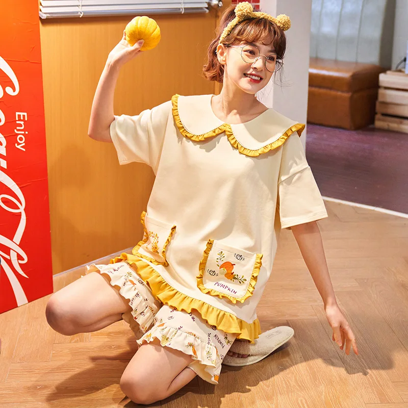 

Female Summer Cotton Pajamas Set Soft Short Sleeve Cartoon Print Pocket Home Wear Korean Sweet Yellow Lace Cute Women Sleepwear