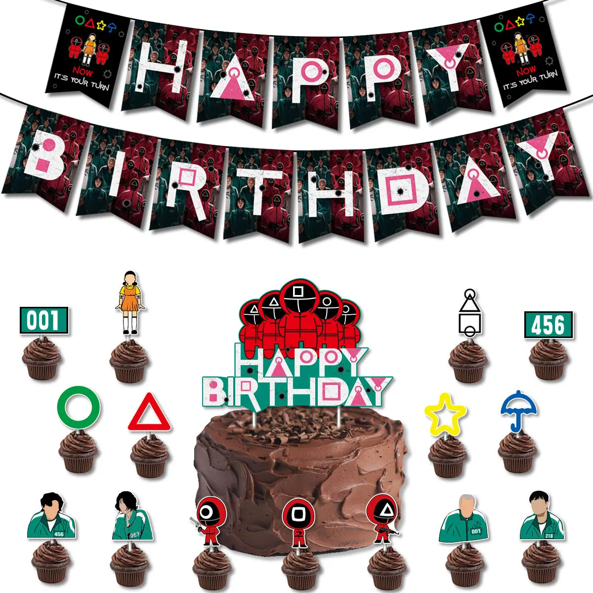 Squid Game Theme Birthday Party Supplies Includes Banner Cake Topper Cupcake Toppers Balloon for Girl Birthday Party Decoration-3