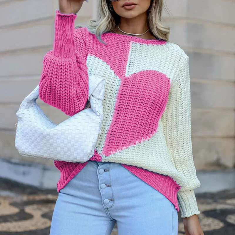 

Autumn Winter Women Warm Sweaters Fashion Lantern Sleeve Contrast Color Pullover Knitwear Female O Neck Thick Loose Sweater