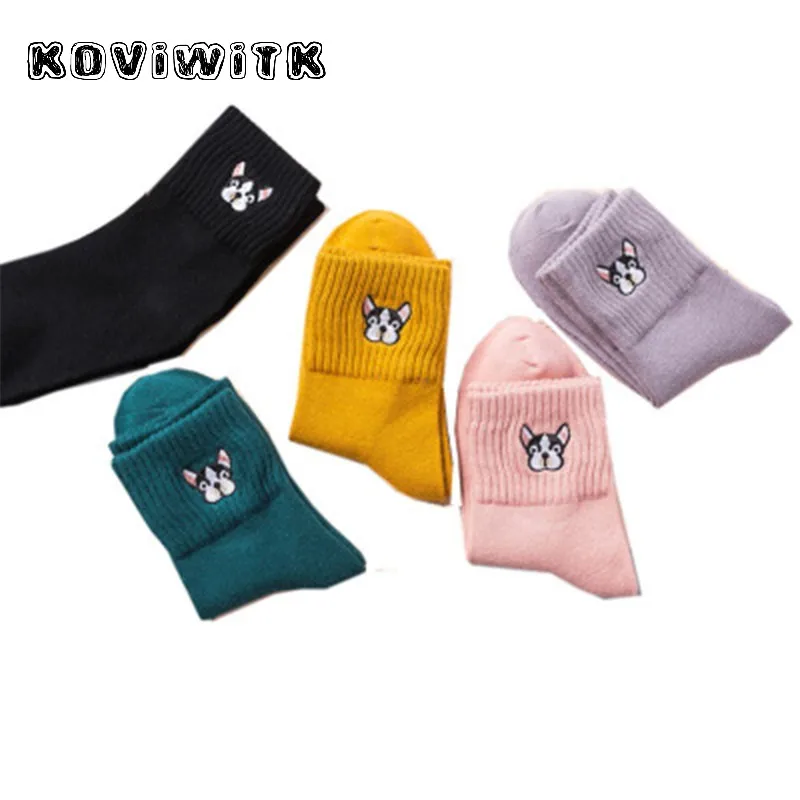 Cute French Bulldog Embroidery Five Colors Cotton Knitting Winter Autumn Warm Socks dropshipping harajuku anke Female Pug women