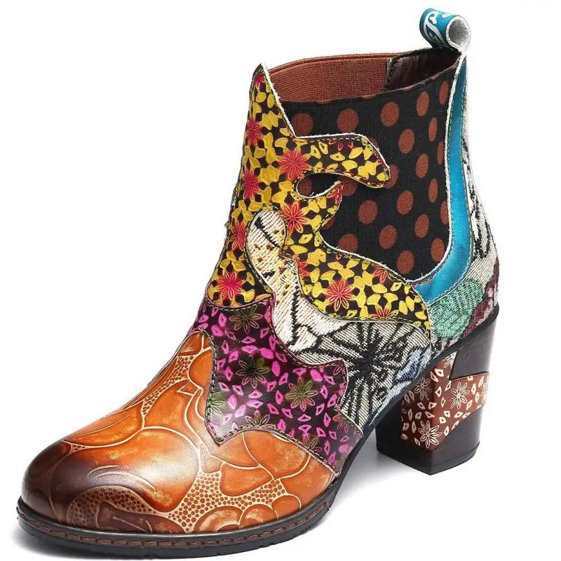 Vintage Leather Round Toe Ankle Boots For Women Pu Leather Retro Shoes Woman Block High Heels Women Boots 2020 Booties