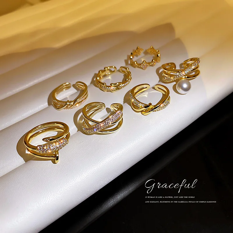 

Korean version of the new fashion geometric cross set diamond opening ring femininity exquisite ring fashion party jewelry