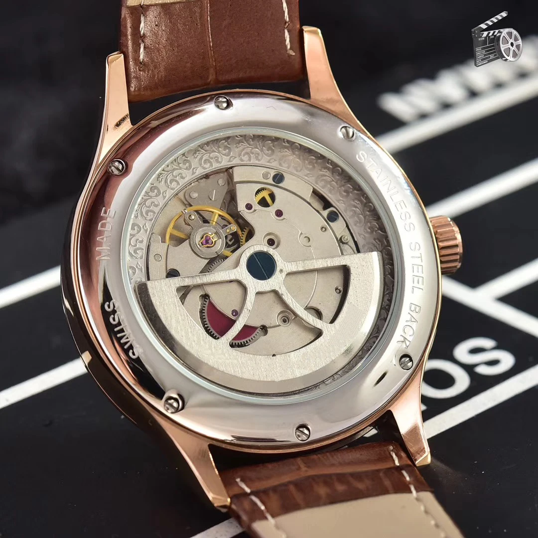 

Classic New Automatic Mechanical Men Watch Sapphire Transparent Glass Back Rose Gold Black Leather Silver Tourbillions AAA+