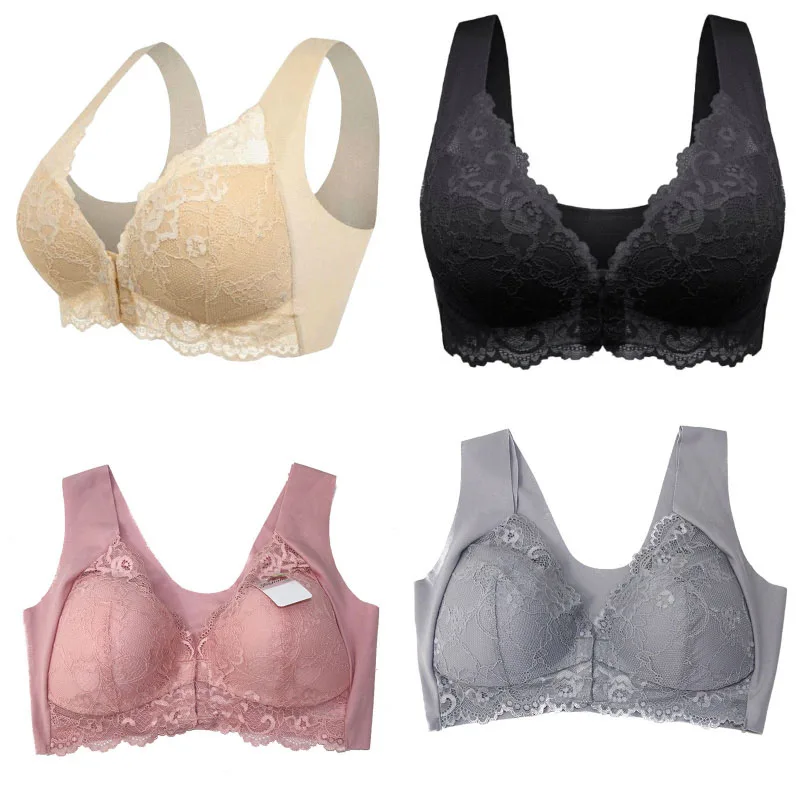 

Gathering Women's Non-Wire Prosthetic Breast Bra Front Buckle Vest Bra Plus Size Sexy Lace No Bra Underwear European American