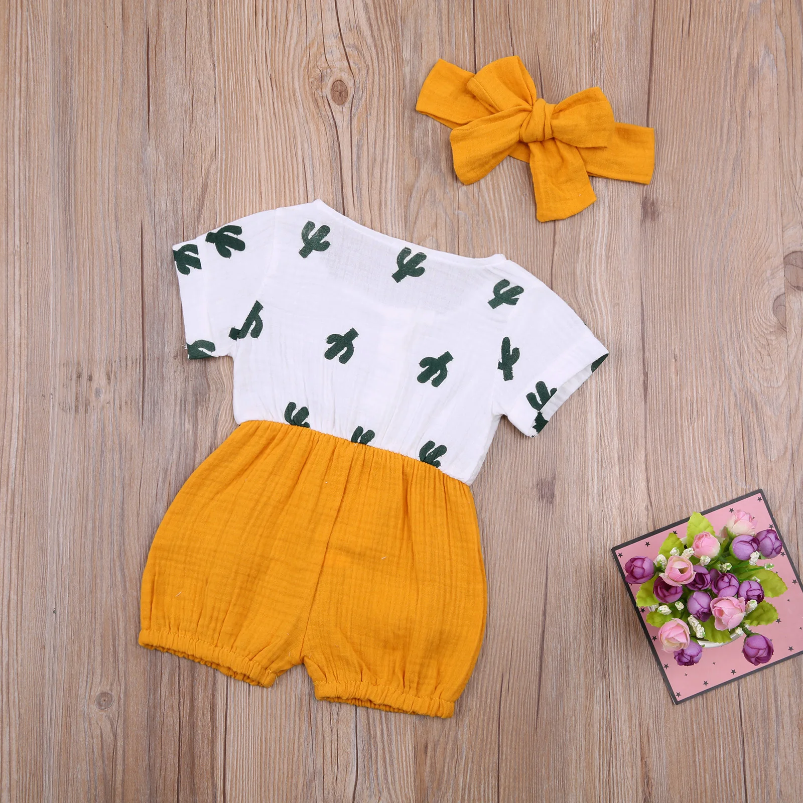

Pudcoco 2021 Summer 0-12M Baby Girl 2Pcs Set Cactus Print Short Sleeve Single Breasted Romper+Yellow Headband Infant Clothes