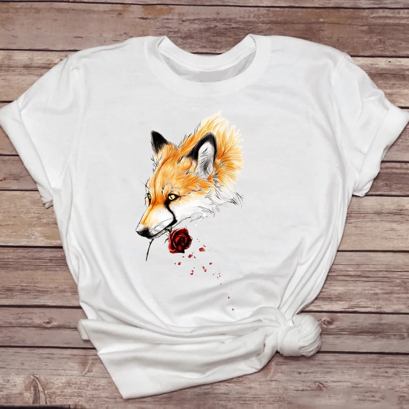 

Women T-shirts beautiful Fox Watercolor Valentine Floral Flower Cartoon Fashion Ladies Print Graphic T Top Lady Shirt Female Tee