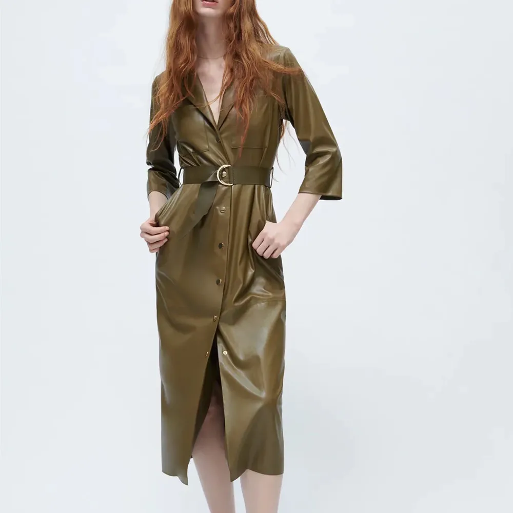 

Осеннее платье-рубашка из искусственной кожи, женское модное платье миди с карманами и поясом, шикарное уличное женское платье на пуговицах...