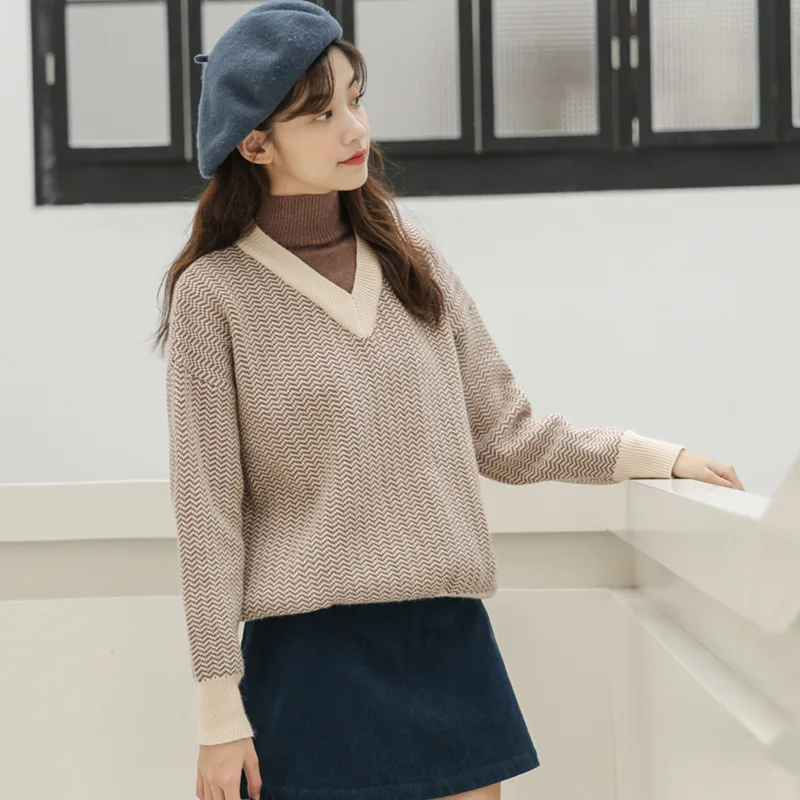 Женский свитер пуловер в полоску с высоким воротом имитация двух частей модный