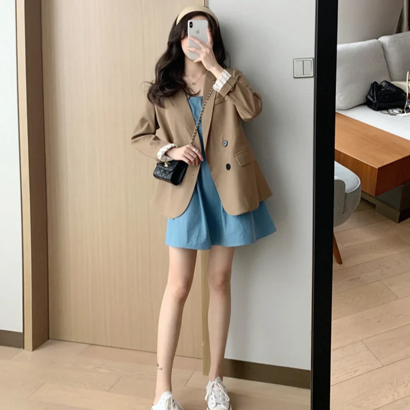 

Women Korean Khaki Office Blazer Solid Colors Single Breasted Commute Suit 2021 Spring Autumn New Fashion Indie Aesthetic Blazer