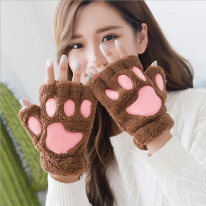 

Women Winter Warm Half Finger Gloves Cartoon Cat Paw Plush Fingerless Mittens K3NF