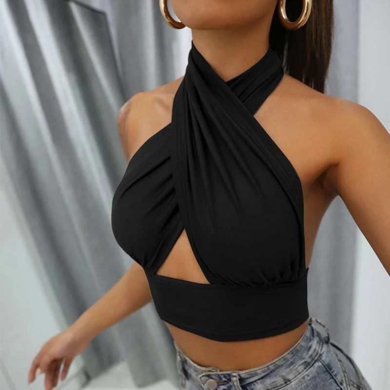 

Chic Fashion Women Cross Halter Sexy Crop Tops Strappy Cross Backless Sleeveless Backless Streetwear Hollow Out Feminino Clothes
