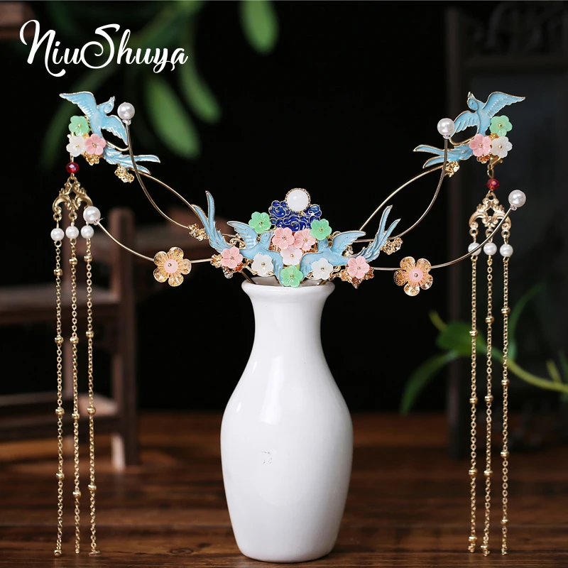 

NiuShuya Elegance Hanfu Bird Designs Headdress Chinese Vintage Long Tassel Step Shake Hair Clip Pearl Hairpins Hair Accessories