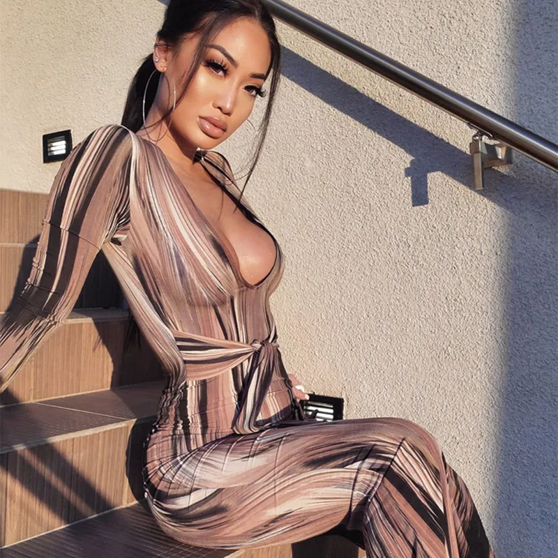 

Autumn Women's Sexy Deep-V Neck Belt Printing Party Long Tight Dress Elegant Long-sleeved Club Dress