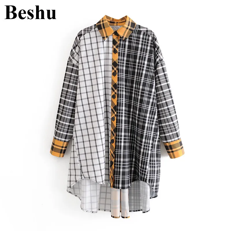 Za 2020 модная женская блузка в клетку с отворотом однобортная рукавом реглан