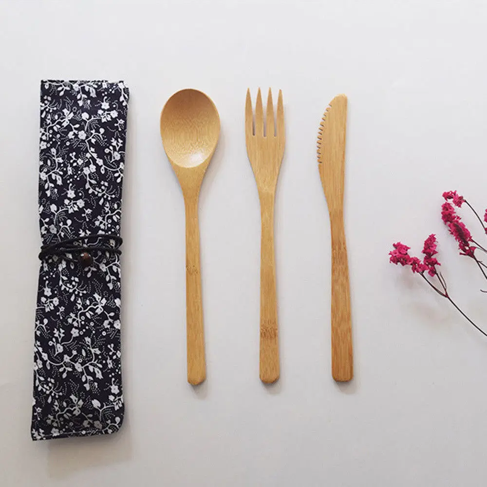 

Bamboo Wooden Cutlery Set Spoon Fork Cutter Cutting Reusable Kitchen Tool Bag