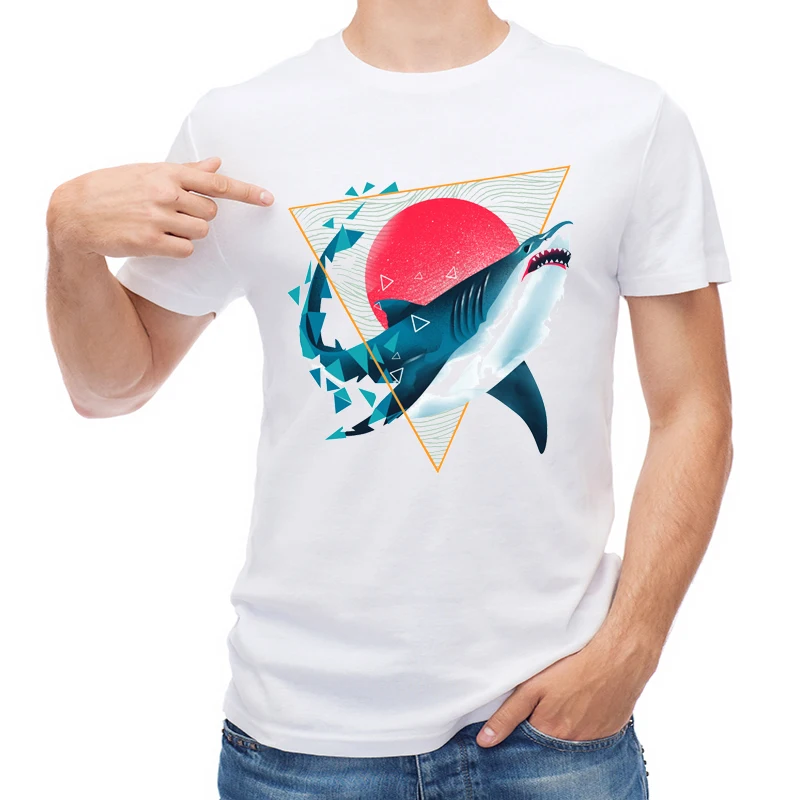 

TEEHUB Summer Men T-shirt Fashion Geometric Shark Printed Short Sleeve T Shirt O-Neck Tops Cool Tees