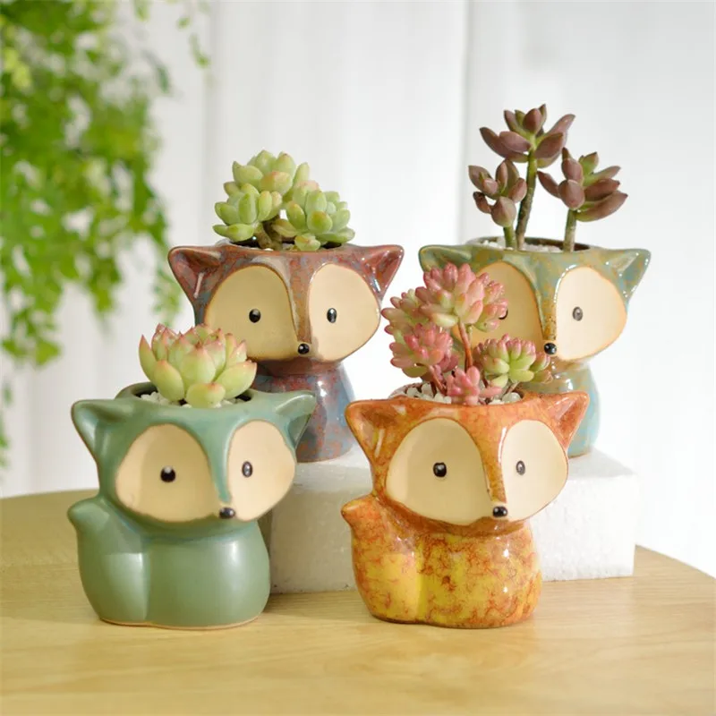 4 цвета Керамическая лисица суккуленты горшок для растений микро милый мини