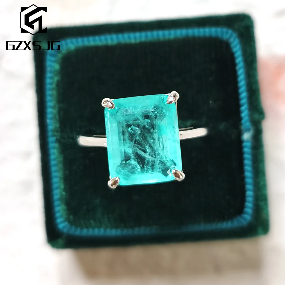 

GZXSJG Paraiba Tourmaline Gemstones Ring for Women Solid 925 Sterling Silver 10x12 Emerald cutting stone for engagement Fine