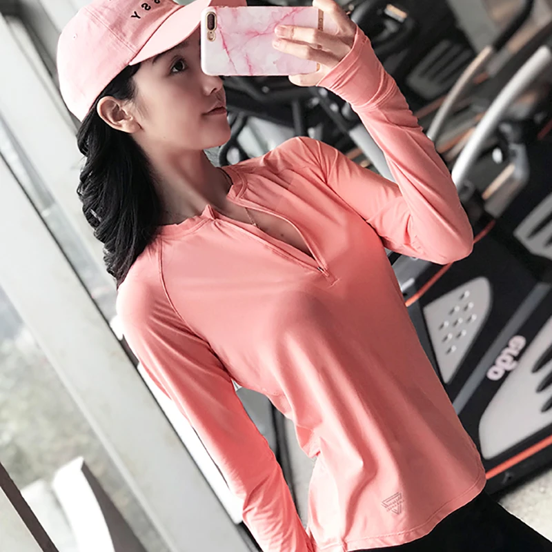 

Sexy Women Zipper Long Sleeve Sport Shirt Solid Color Fitness Tops With Thumb Holes Quick Dry Breathable Gym Clothes