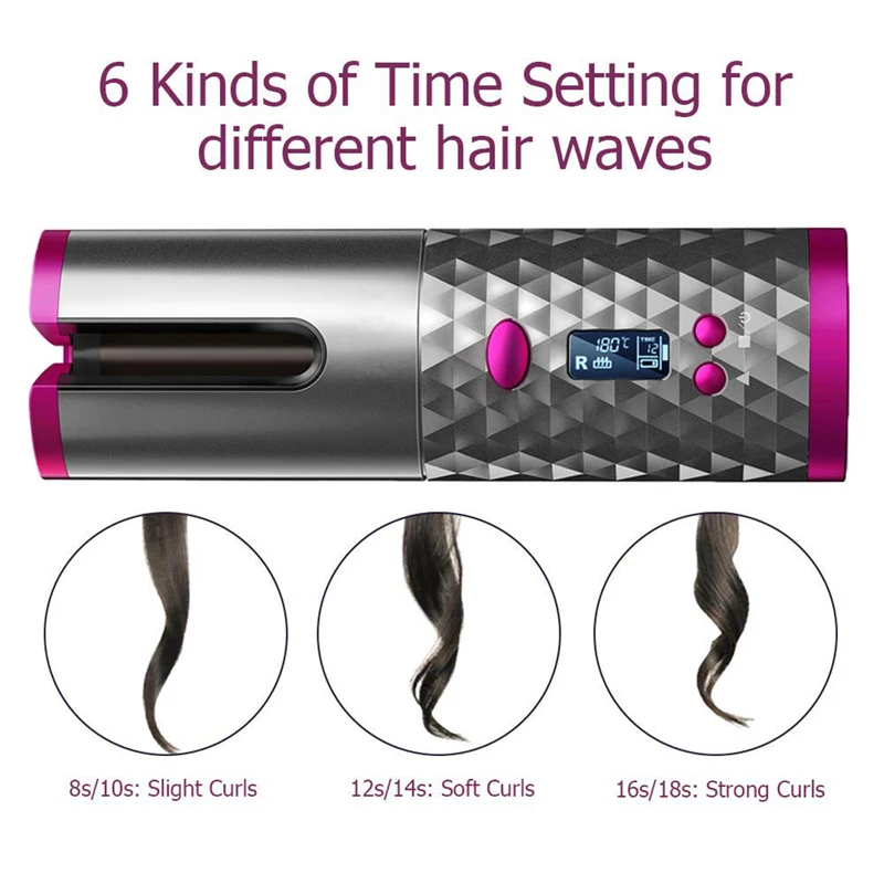 

Portable Wireless Automatic Hair Curler USB Rechargeable Cordless Curling Iron LCD Display Temperature Adjustable Curls Tools