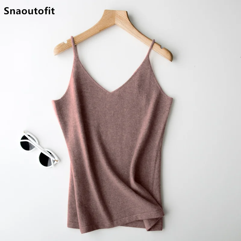 

Snaoutofit New Sexy Sleeveless Inner Wear 100% Pure Wool Small Camisole Female V-Neck Solid Color All-Match Slim Knit Bottoming