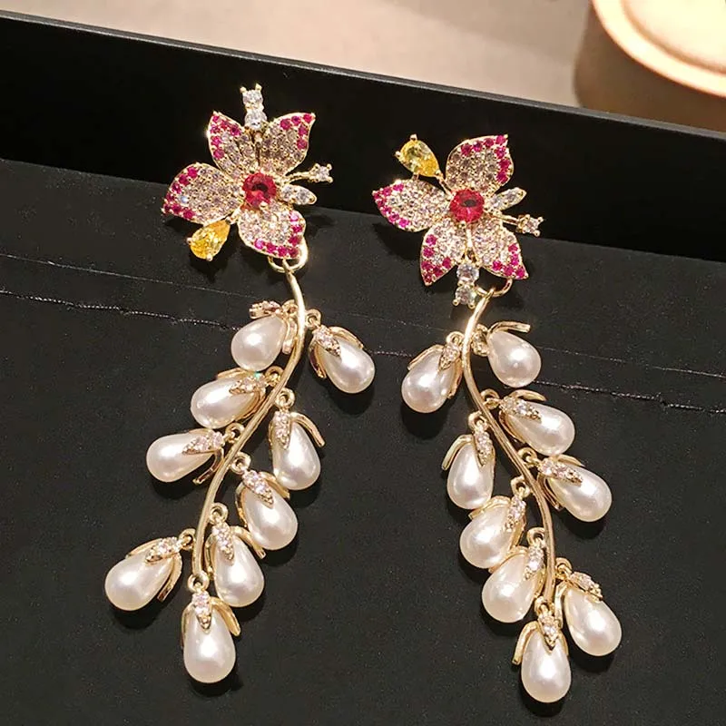 

Blucome Exquisite Luxurious Fashion Flower Pearl Tassel Dangle Earrings Fine CZ Zircon Jewelry for Wedding Party Ladies Dress