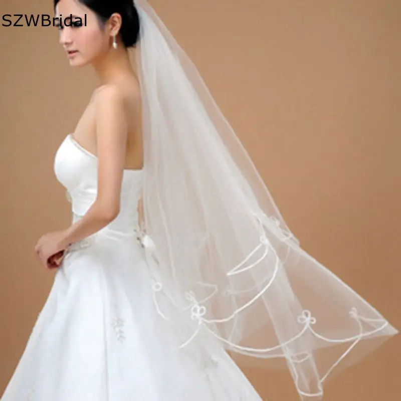 

New Arrival Cheap Bridal Veils Embroidery Edge White Ivory Wedding Veil Wesele Veu de noiva In Stock bride accessories wedding