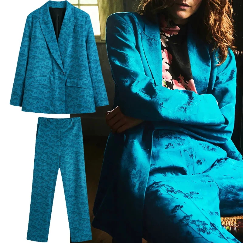 

Женский жаккардовый Костюм-двойка TRAF Za, жаккардовый пиджак и жаккардовые брюки с широкими штанинами, офисная одежда, 2021