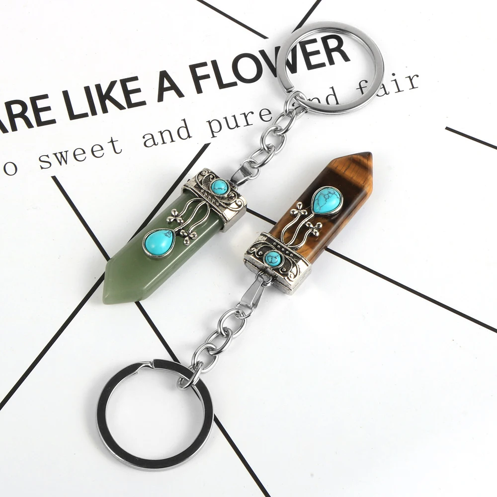 Брелок для ключей с натуральным драгоценным камнем гексагональный Конусный